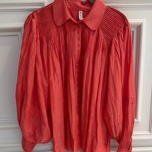 Mirth coral Pleated Button-Up Blouse